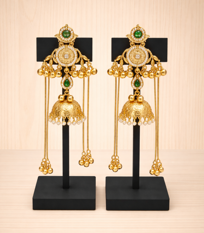 Temple Style Long Jhumka Earrings with Green Stone Detailing
