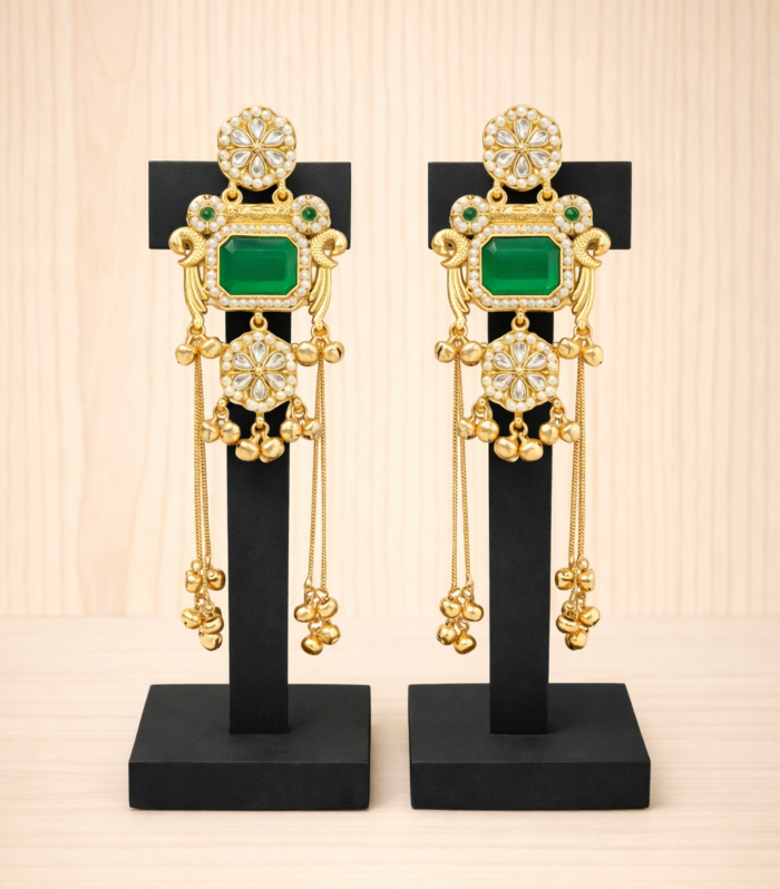 Drop Earrings with Emerald-Style Stone & Pearl Detailing