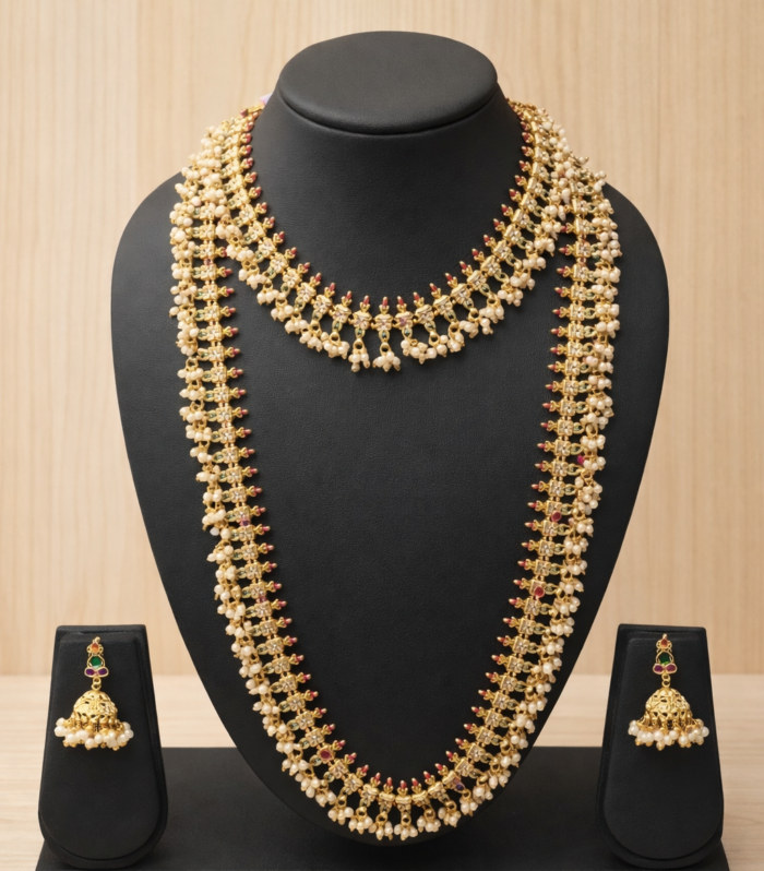 Bridal Jewellery Set with Red-Green Stone Detailing