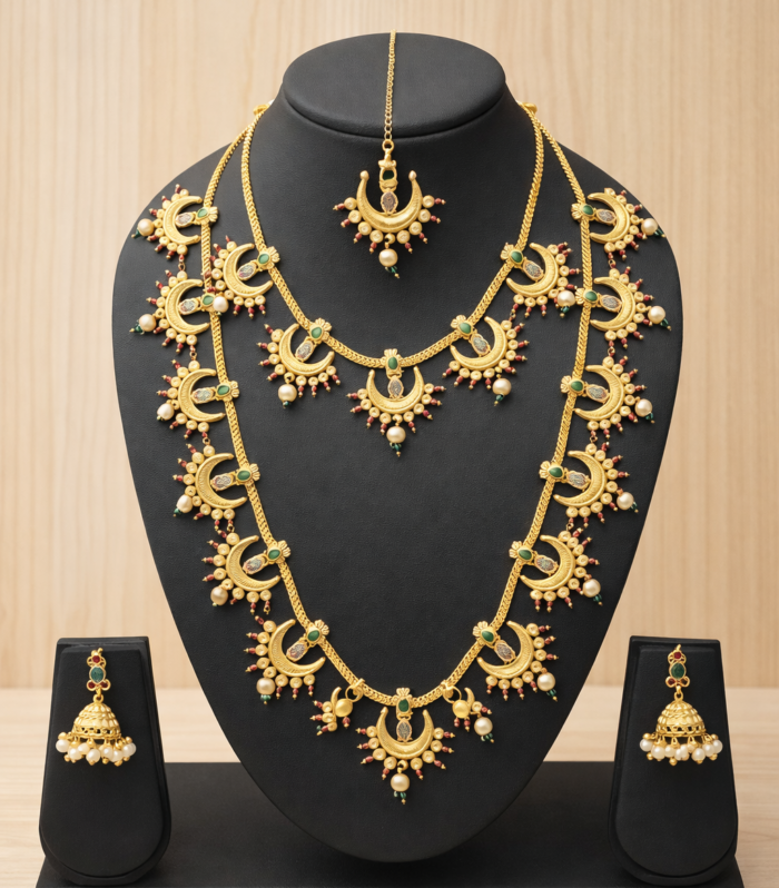 Temple Style Bridal Jewellery Set with Green Stones & Pearl Drops
