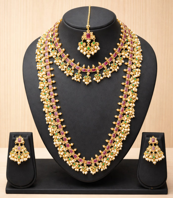 Bridal Jewellery Set with Green Stone Detailing