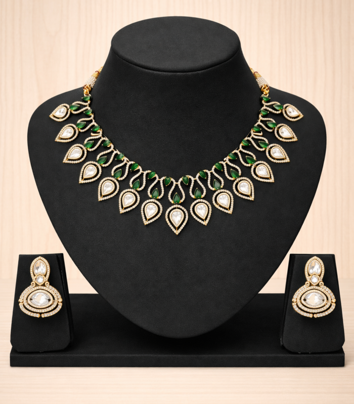 Necklace Set with Green Enamel & Teardrop Stone Design