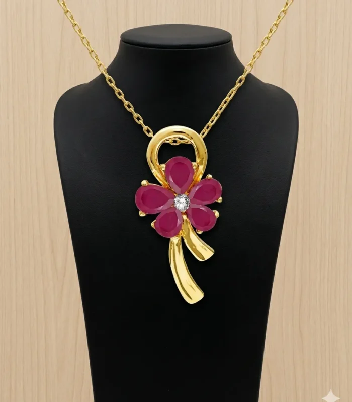 Pink Blossom Gold Pendant Necklace - Zaariyah Premium Collection