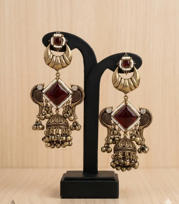 Ruby Red Antique Tribal Earrings - Zaariyah Premium Collection