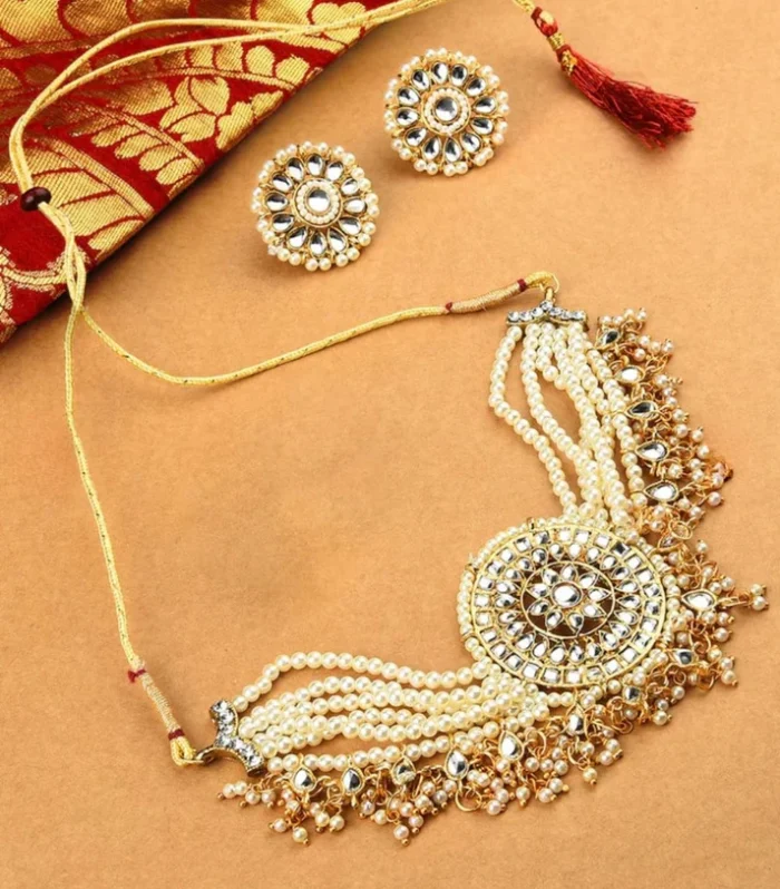 Pearl Kundan Necklace Set with Maang Tikka - Zaariyah Premium Collection