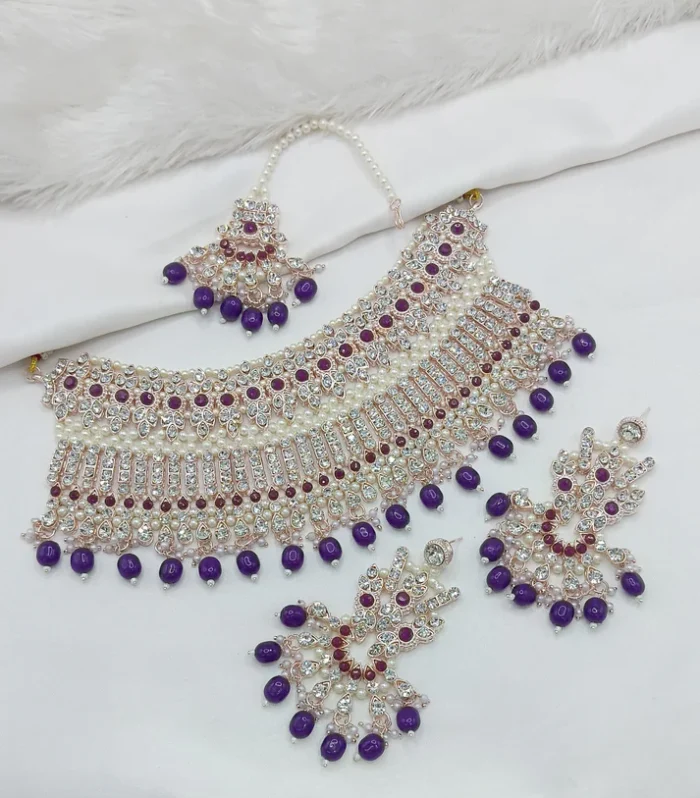 Lavender Crystal Choker Necklace Set - Zaariyah Premium Collection