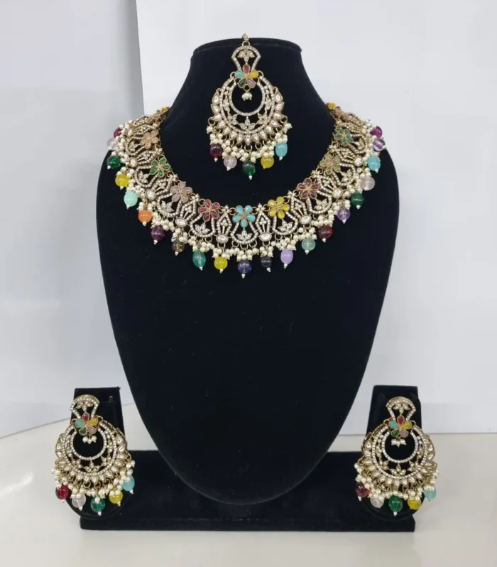 Multicolor Crystal Choker Necklace Set - Zaariyah Premium Collection