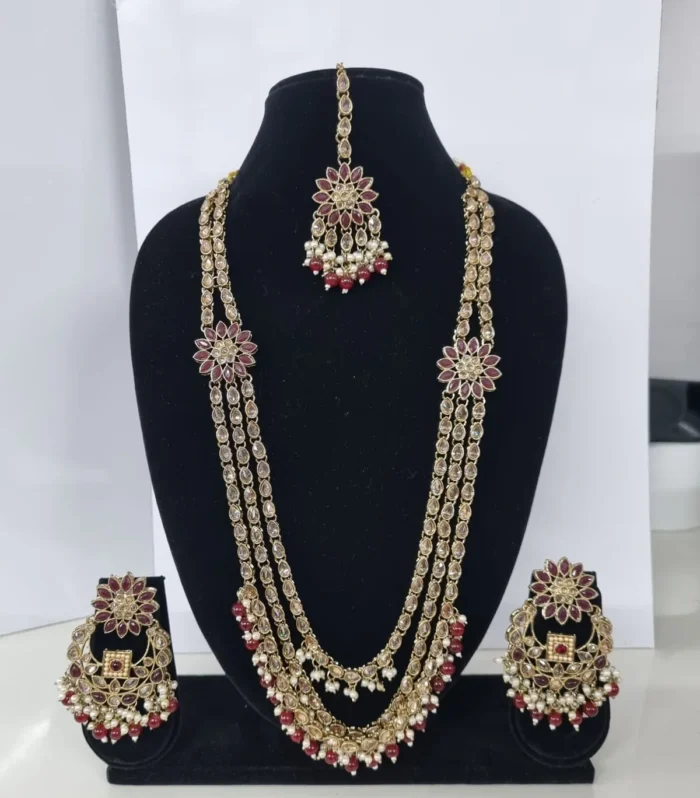 Rose Pink Layered Bridal Necklace Set - Zaariyah Premium Collection