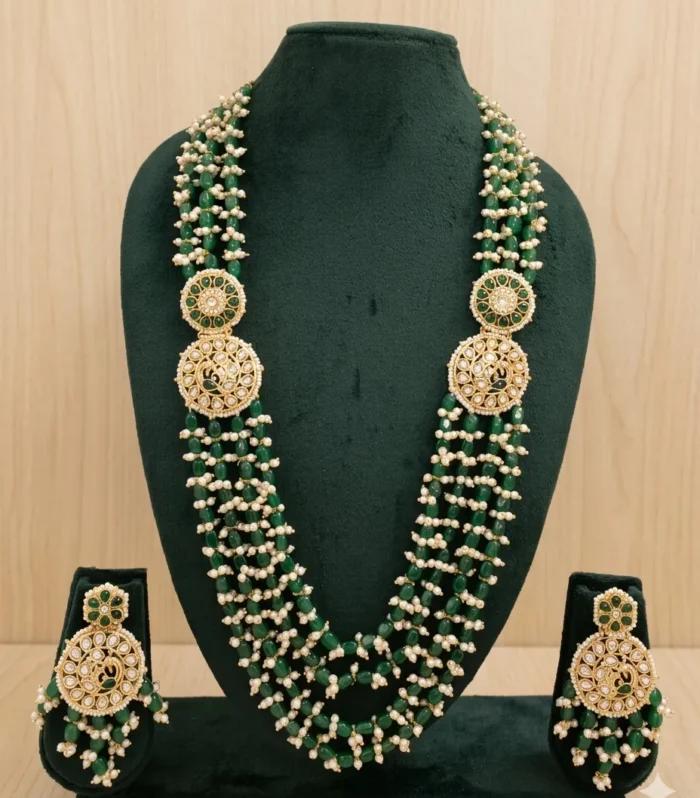 Emerald Green Long Haram Necklace Set - Zaariyah Premium Collection