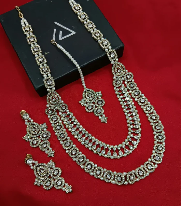 Crystal Layered Long Necklace Set - Zaariyah Premium Collection