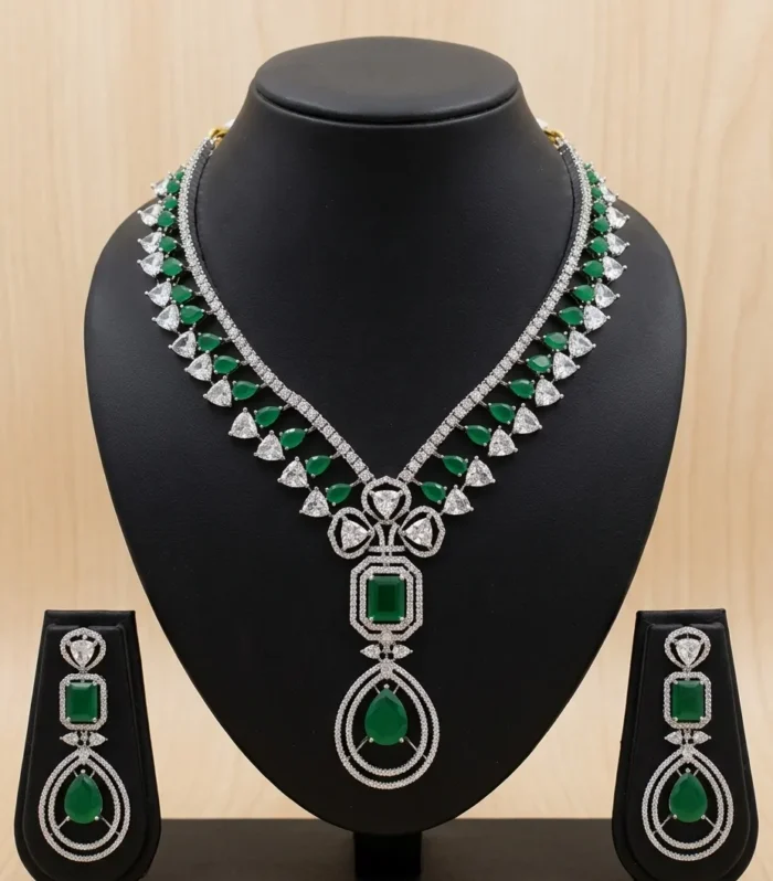 Emerald Green Crystal Statement Necklace Set - Zaariyah Premium Collection