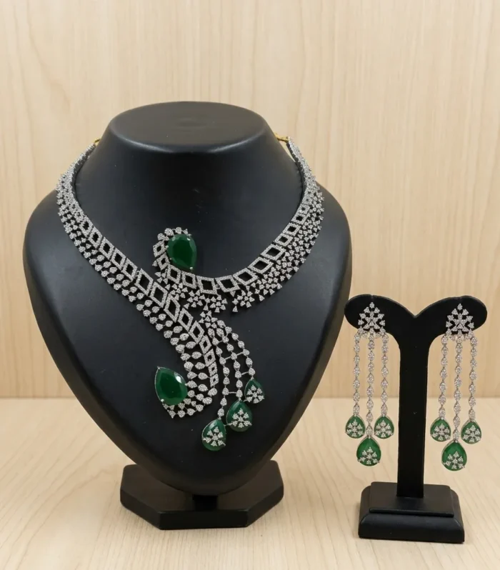 Emerald Green Crystal Swirl Necklace Set - Zaariyah Premium Collection