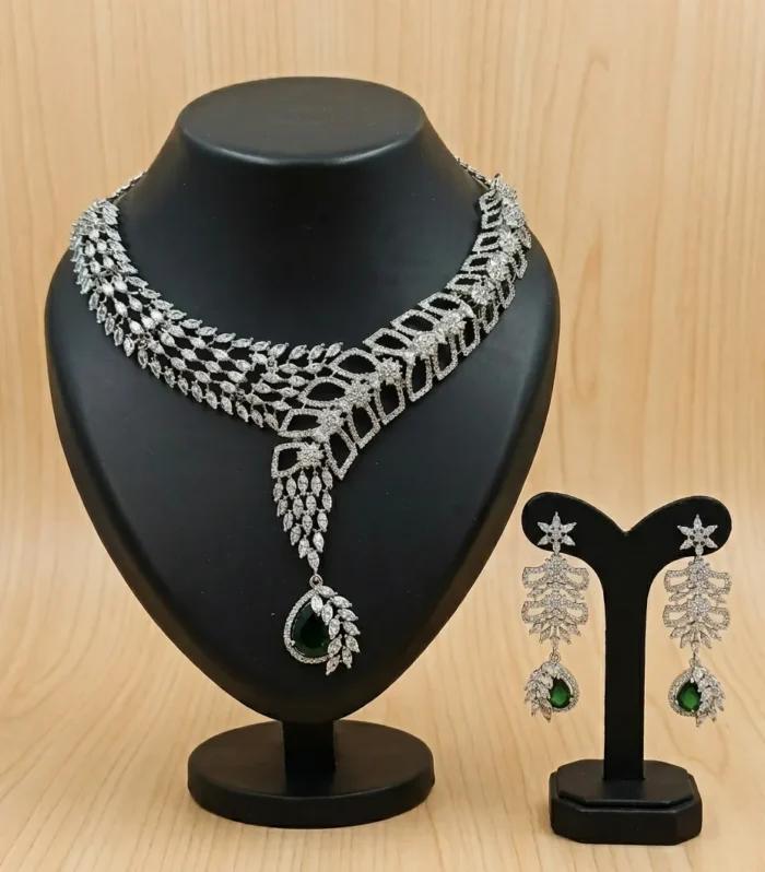 Silver Crystal Cascade Necklace Set - Zaariyah Premium Collection