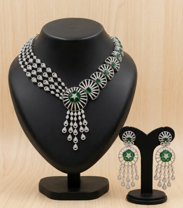 Emerald Green Crystal Tassel Necklace Set - Zaariyah Premium Collection
