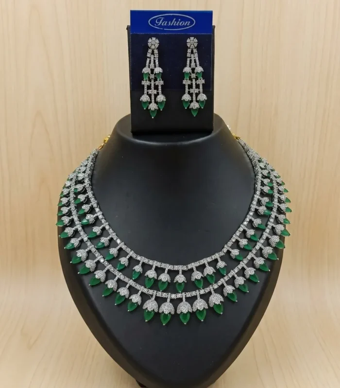 Emerald Green Layered Crystal Necklace Set - Zaariyah Premium Collection