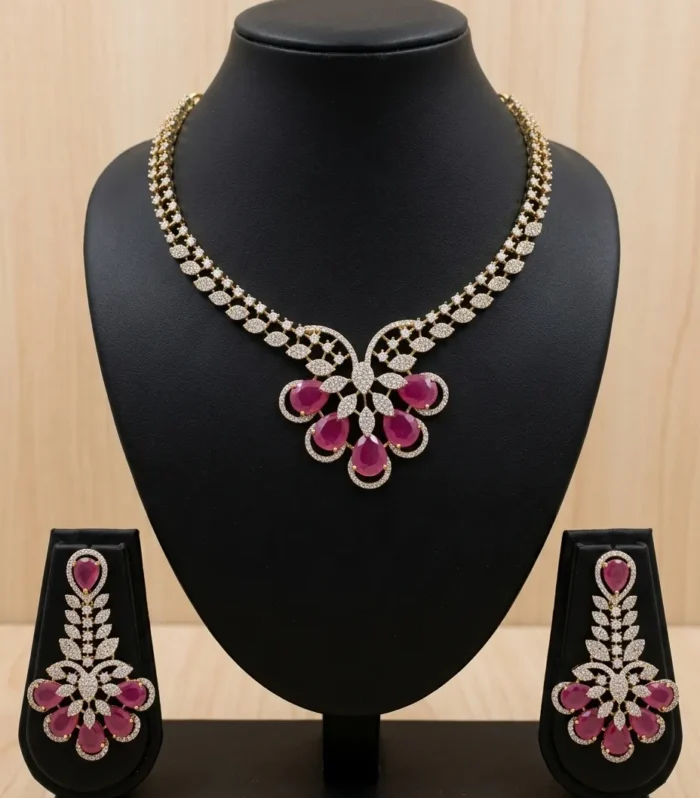 Ruby Pink Floral Crystal Necklace Set - Zaariyah Premium Collection