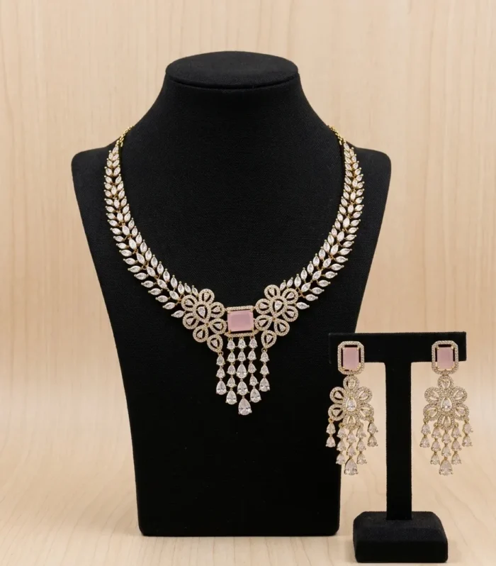 Blush Pink Crystal Bridal Necklace Set - Zaariyah Premium Collection