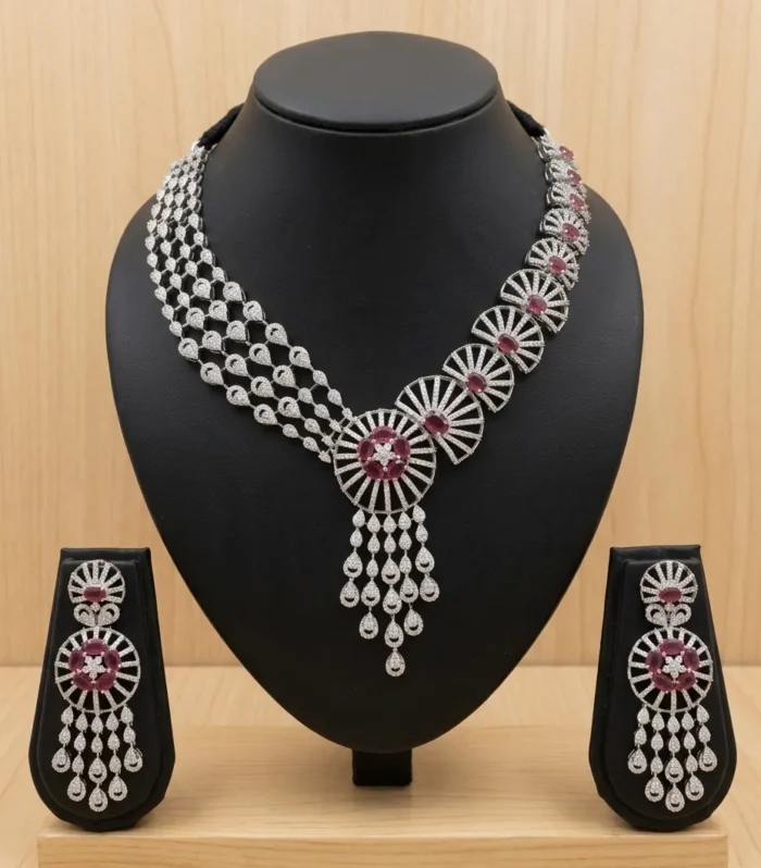 Ruby Floral Crystal Necklace Set - Zaariyah Premium Collection