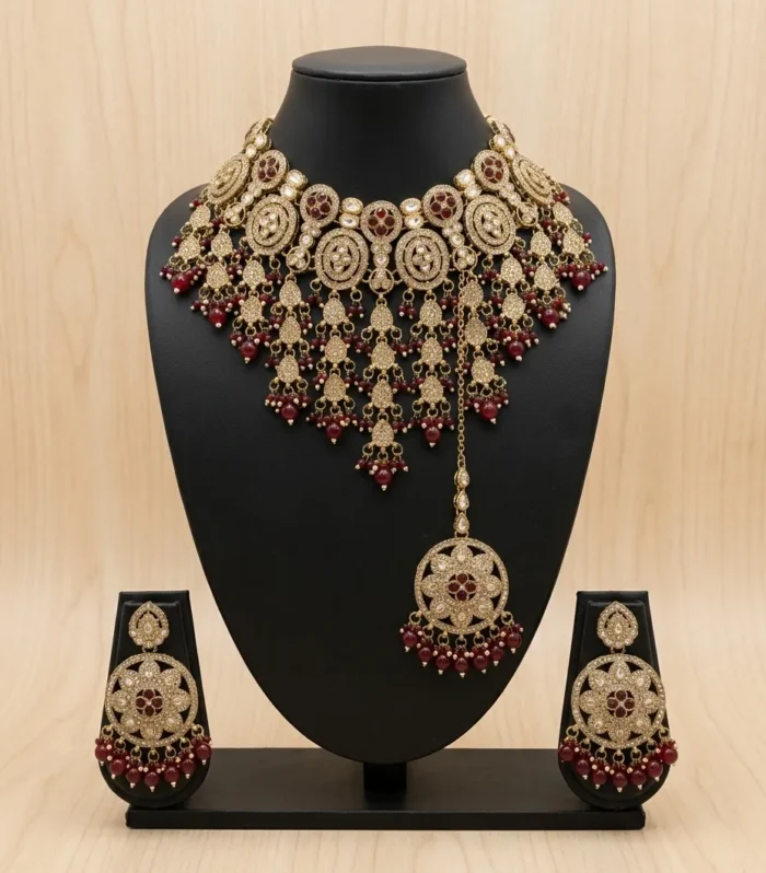 Ruby Temple Bridal Necklace Set - Zaariyah Premium Collection