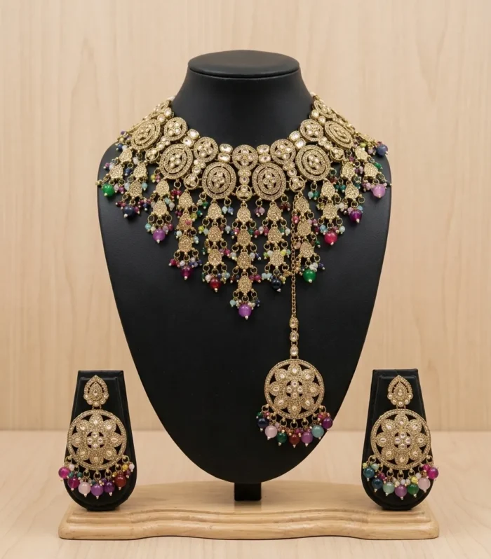 Multicolor Temple Bridal Necklace Set - Zaariyah Premium Collection