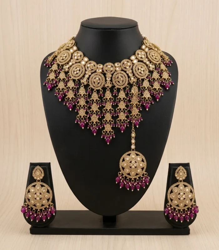 Rani Pink Temple Bridal Necklace Set - Zaariyah Premium Collection