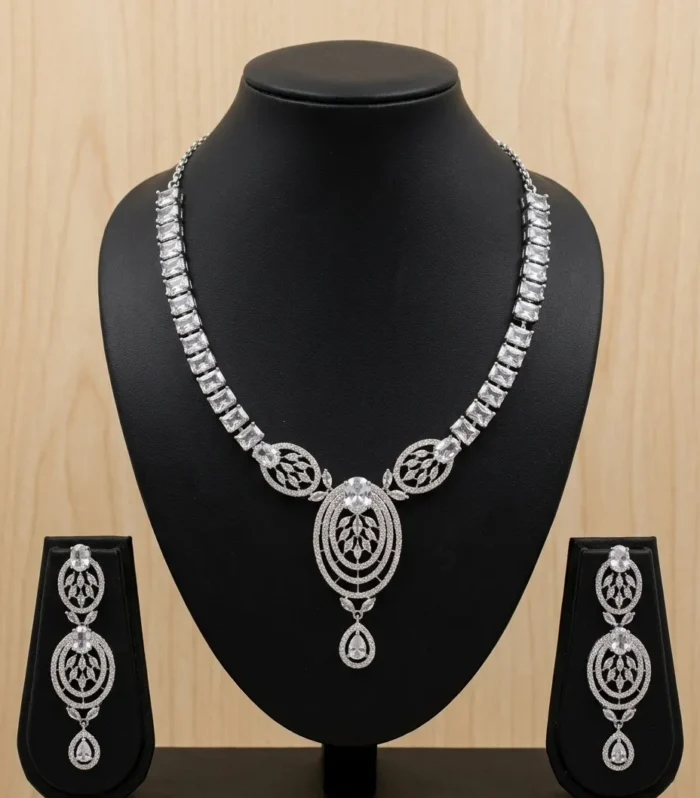 Silver Crystal Pendant Necklace Set - Zaariyah Premium Collection
