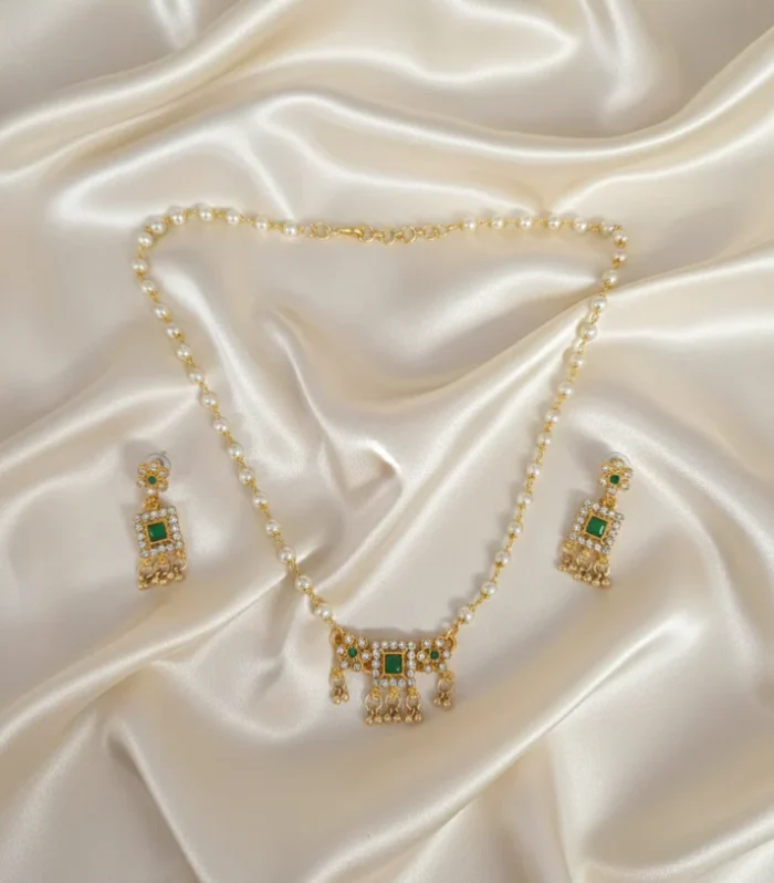 Green Stone Artificial Pendant Necklace Set - Zaariyah Premium Collection