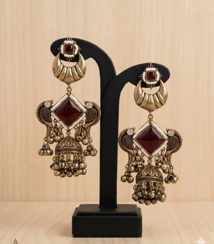 Ruby Red Antique Tribal Earrings - Zaariyah Premium Collection