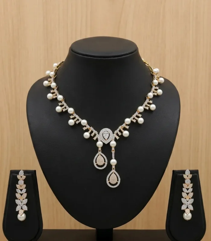 Pearl Crystal Pendant Necklace Set - Zaariyah Premium Collection