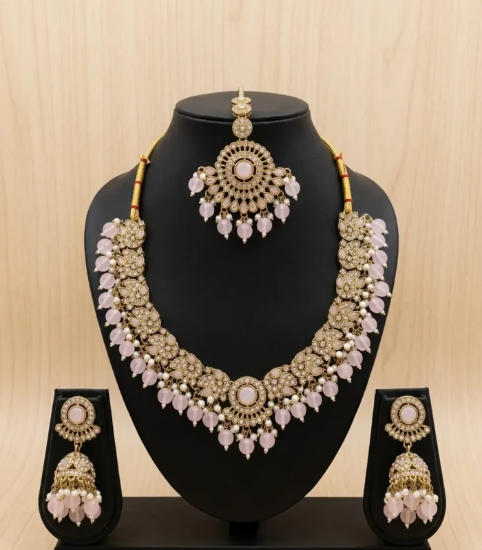 Blush Pink Crystal Bridal Necklace Set - Zaariyah Premium Collection